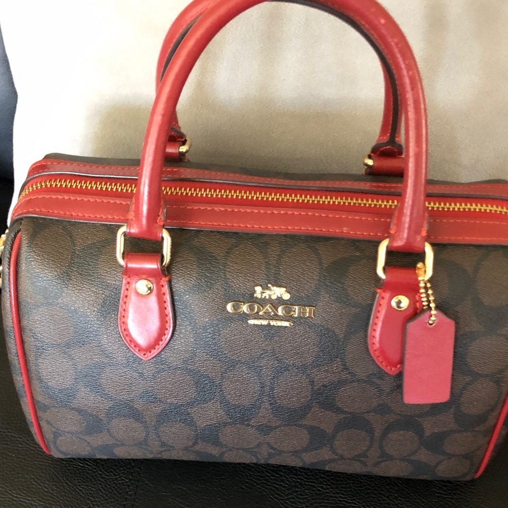 Coach Brown Signature Satchel with Red Trim and Handles - Picture 3 of 3
